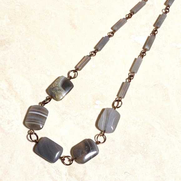 Geometric Banded Agate Necklace, Rustic Genuine Gemstone Copper Link Necklace - Picture 4 of 11